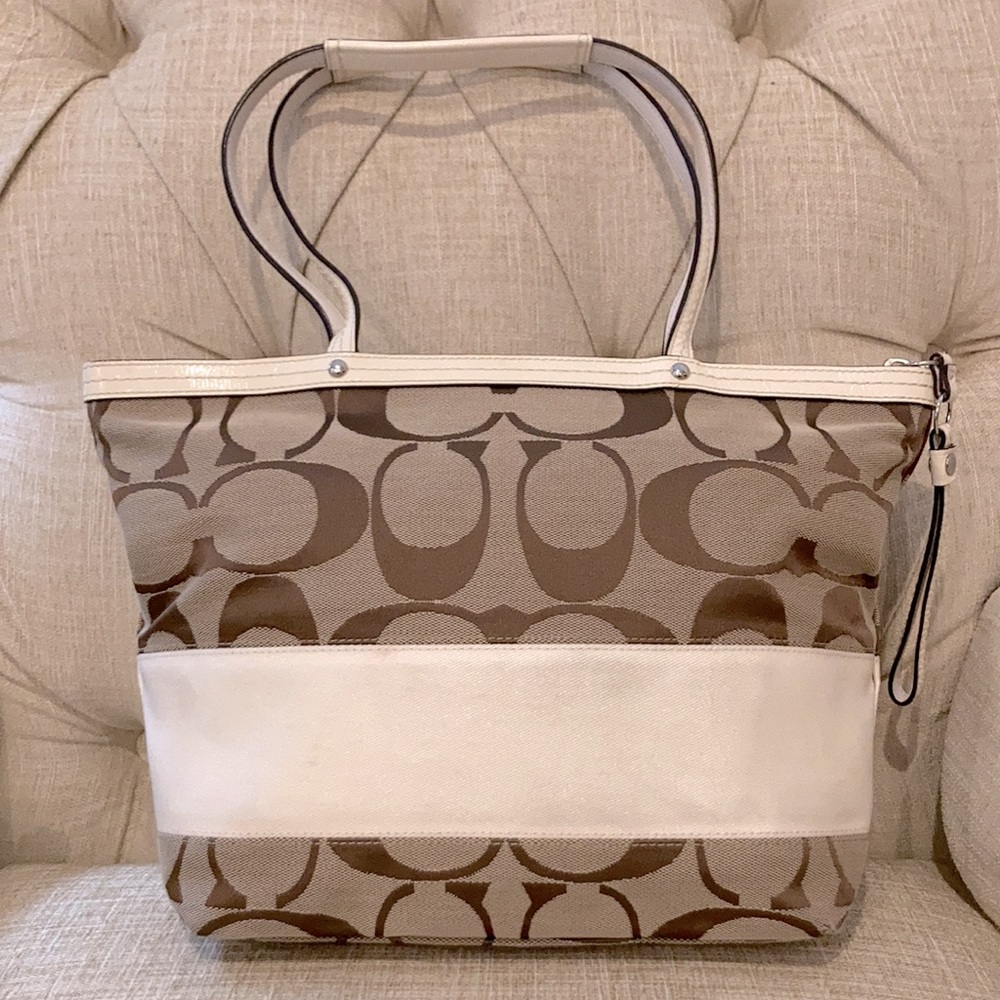 Coach Signature Stripe Tote. Purse is Cream and Tan.